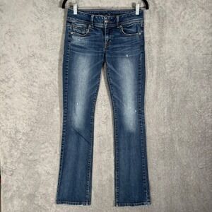 American Eagle Kick Boot Jeans Womens 2 Long Dark Wash Distressed Low Rise